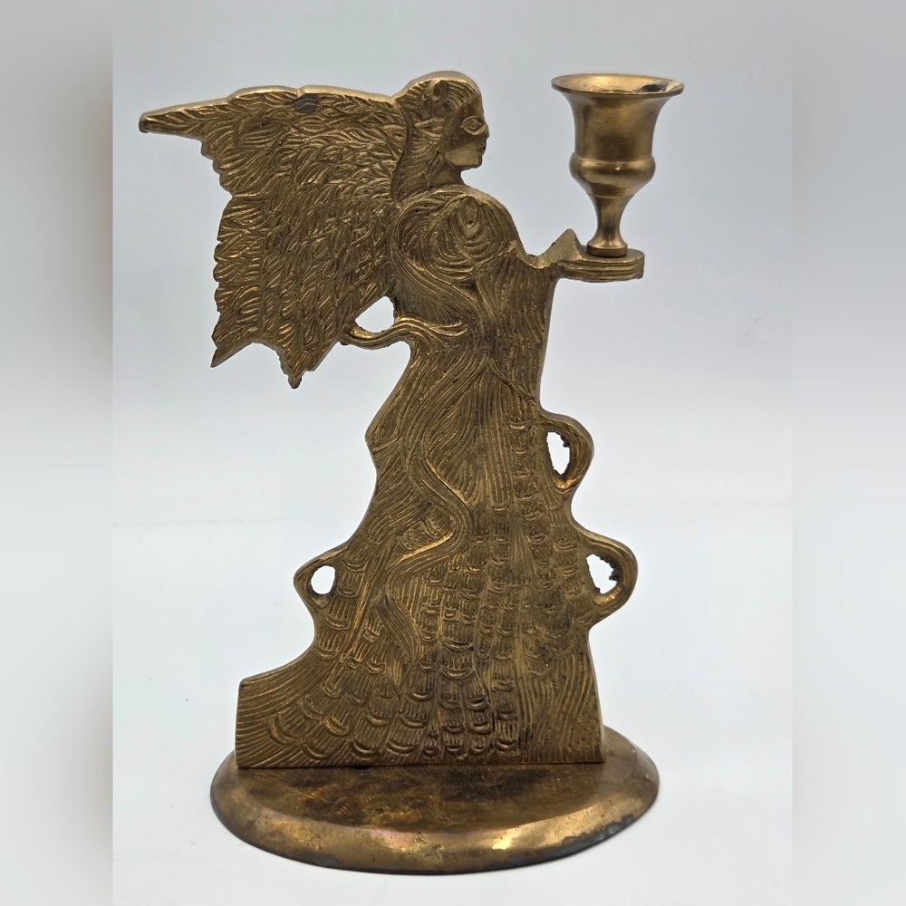 Vintage Christmas Solid Brass Angel Candle Stick Holder Classic Holiday Decor 8”